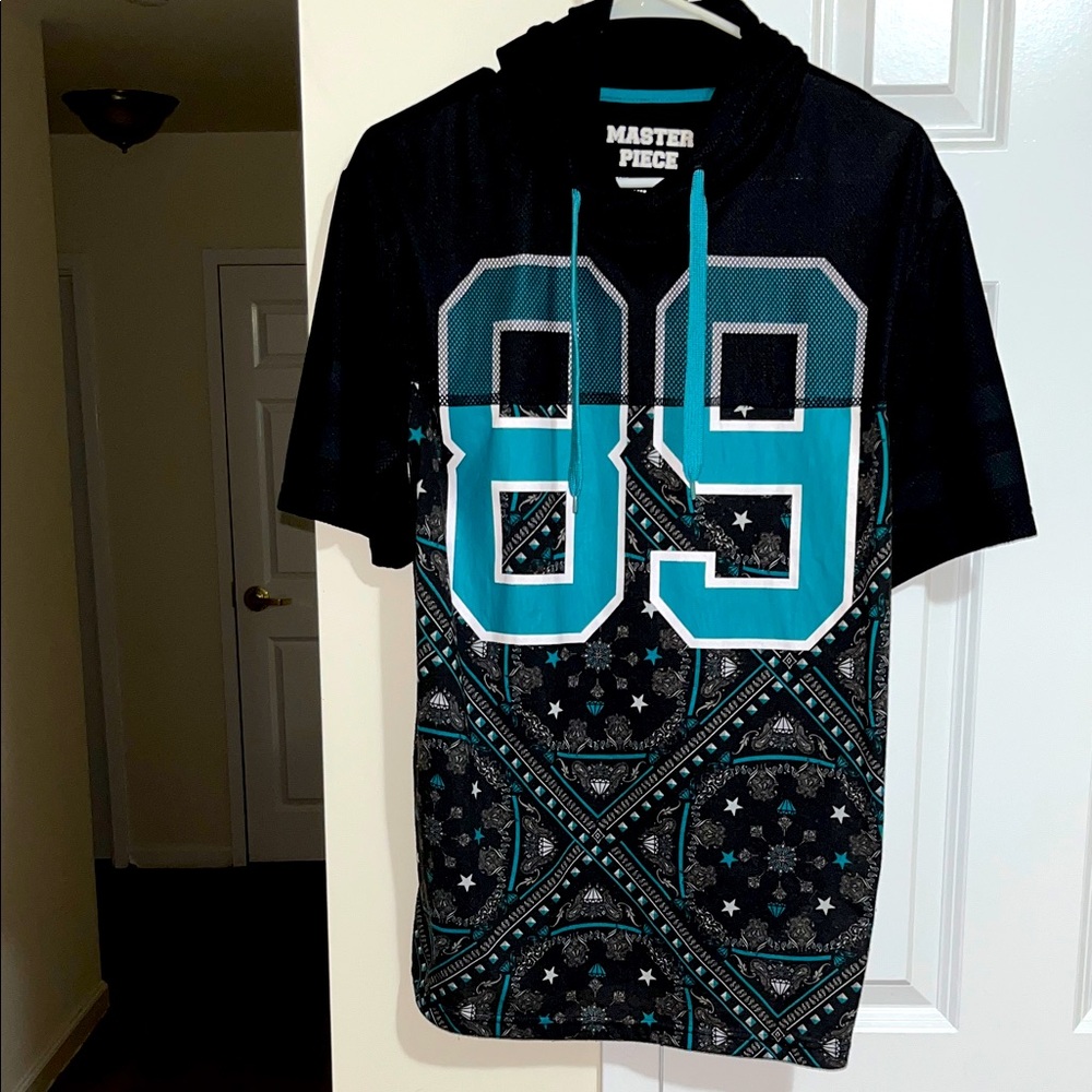 Master Piece Black and Teal Unique Graphic pullover Jersey Tee with Hood.